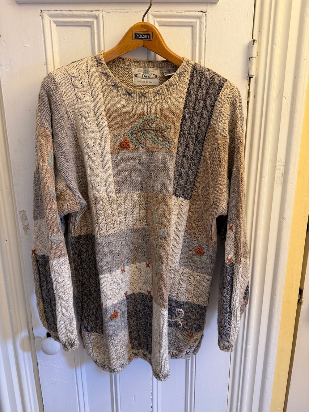 Vintage Orvis Hand Knit Sweater XL Patchwork Embroidered Ramie Cotton 90s